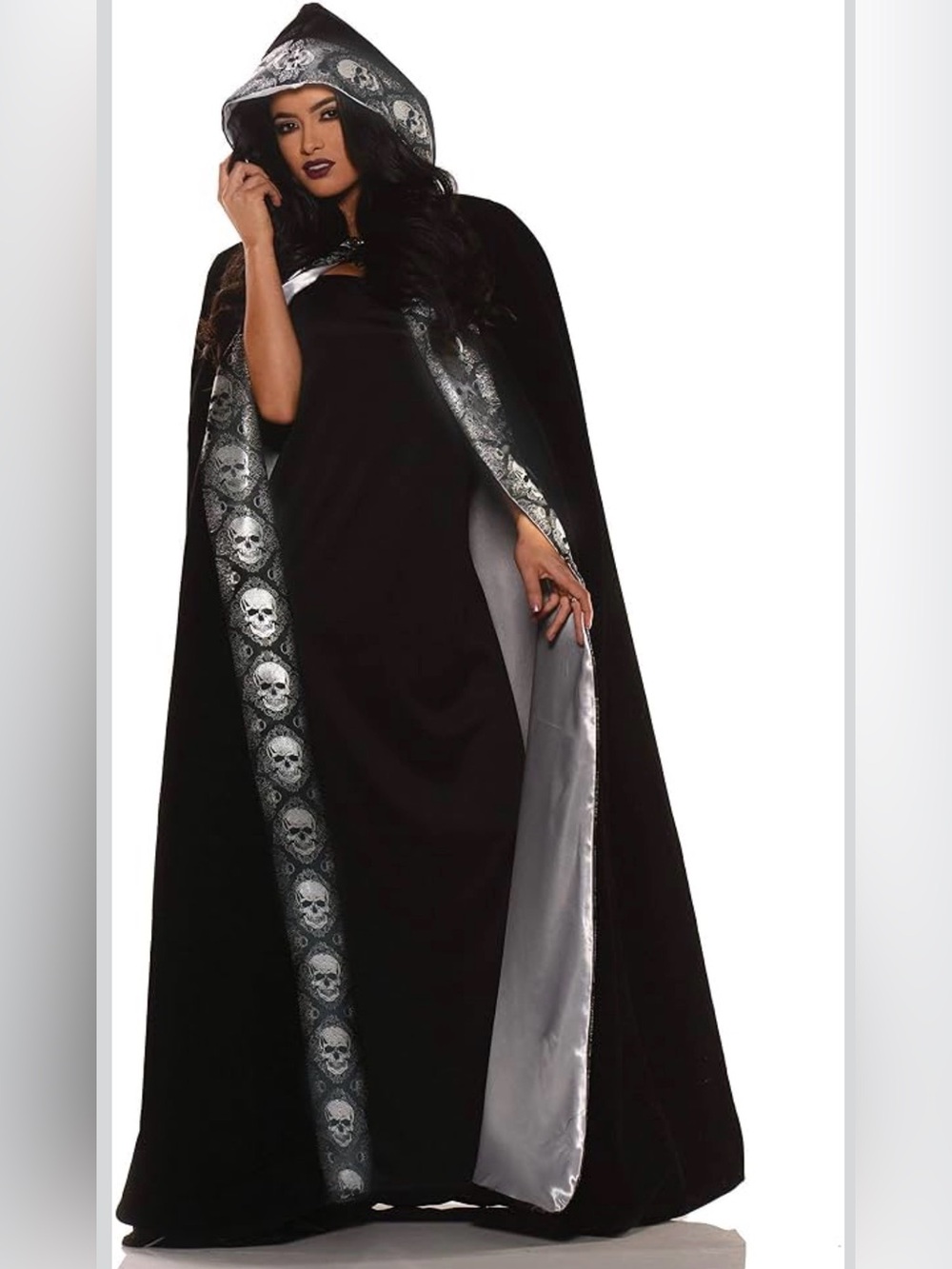 Black Hooded Halloween Cape with Silver Skull Lining